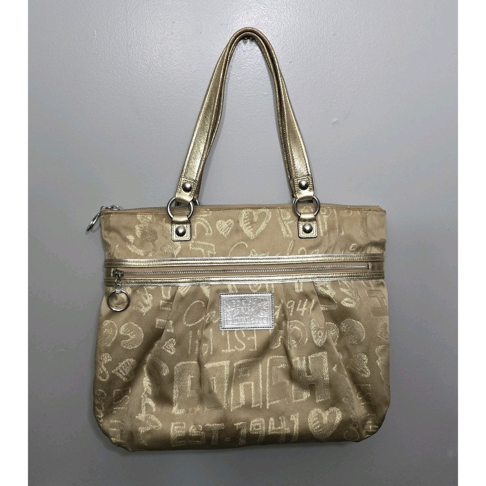 Coach 15301 Poppy Gold Metallic Story Patch Large Satchel GlamTote Shoulder Bag